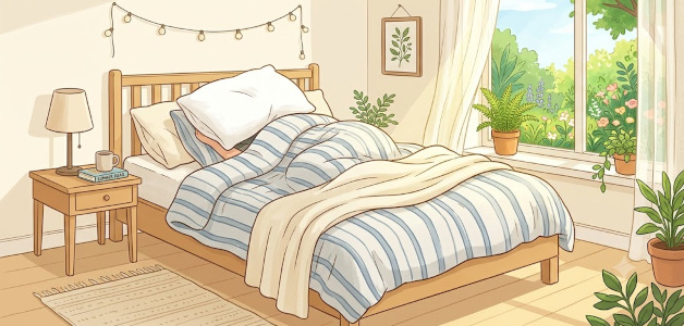 image of person in bed under the covers in the daytime
